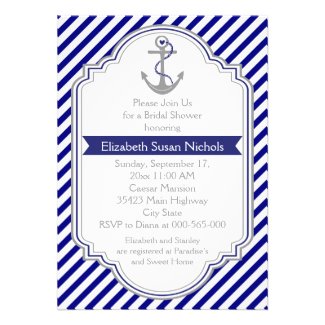 Navy blue anchor nautical wedding bridal shower personalized invitations