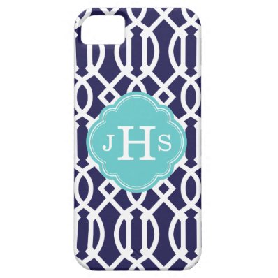 Navy Blue and Aqua Modern Trellis Custom Monogram iPhone 5/5S Case