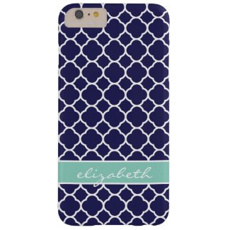 Navy Blue and Aqua Quatrefoil Custom Monogram Barely There iPhone 6 Plus Case