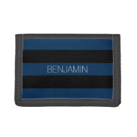 Navy Blue and Black Rugby Stripes with Custom Name Tri-fold Wallet