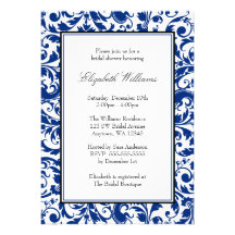 Navy Blue and Black Swirl Damask Bridal Shower Custom Invites