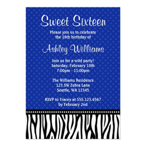 Navy Blue and Black Zebra Polka Dot Sweet 16 Personalized Announcement