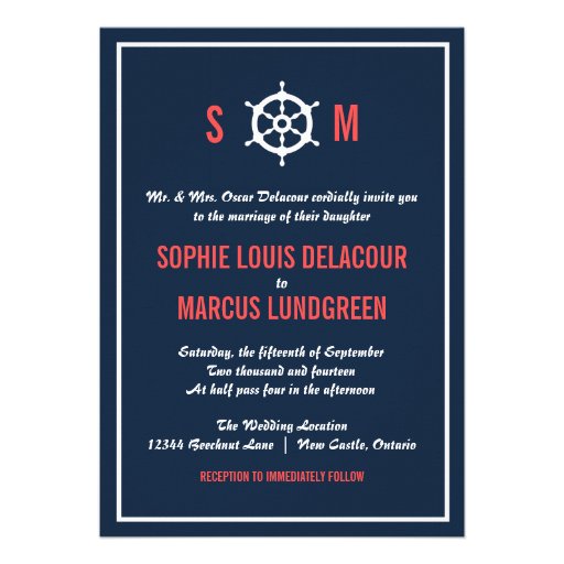 Navy Blue and Coral Nautical Wedding Invitation (front side)