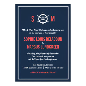 Navy Blue and Coral Nautical Wedding Invitation 5