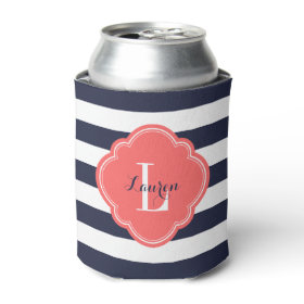 Navy Blue and Coral Preppy Stripes Monogram Can Cooler