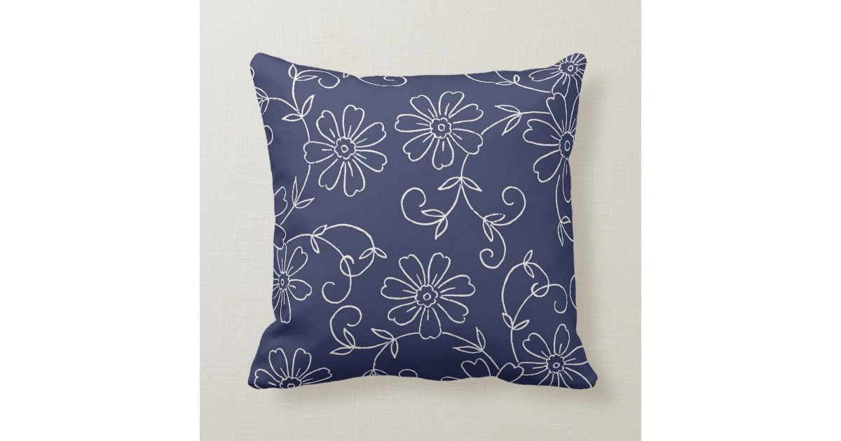 Navy Blue and Cream Floral Decorative Pillow | Zazzle