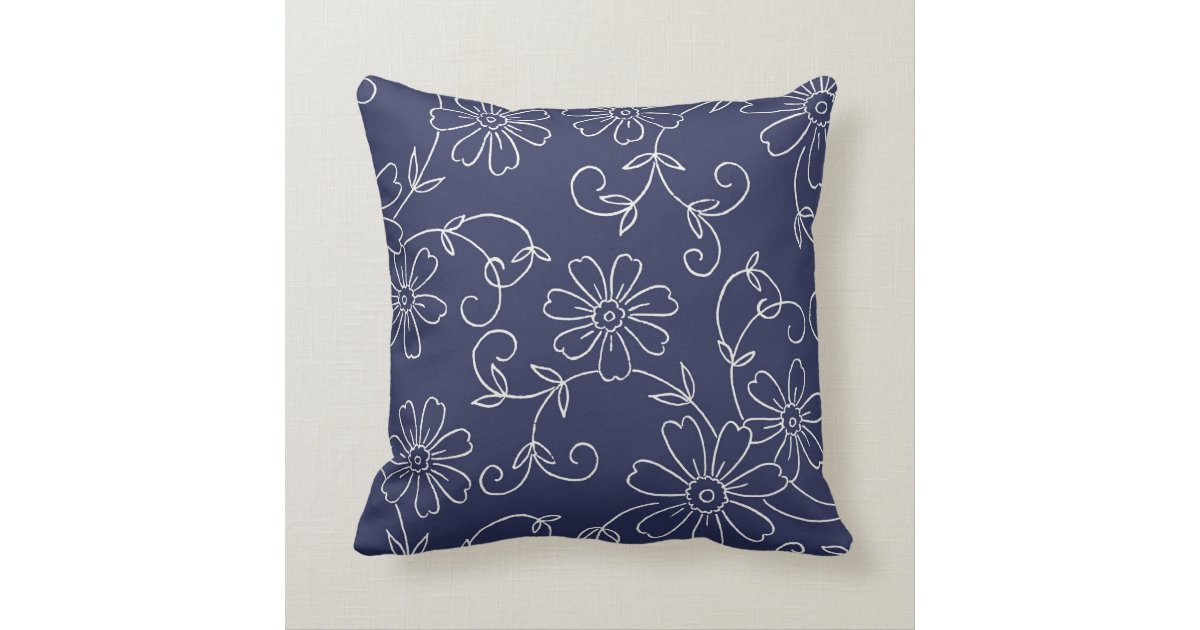 Navy Blue and Cream Floral Decorative Pillow Zazzle