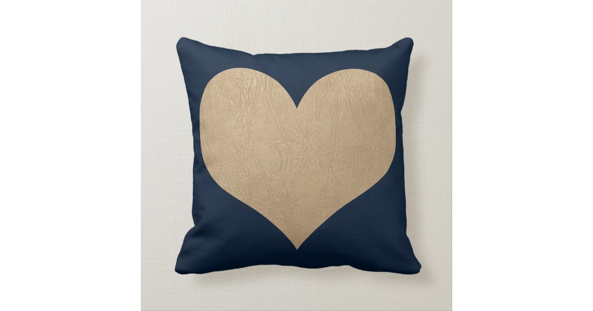 navy blue and faux gold leather heart throw pillow Zazzle