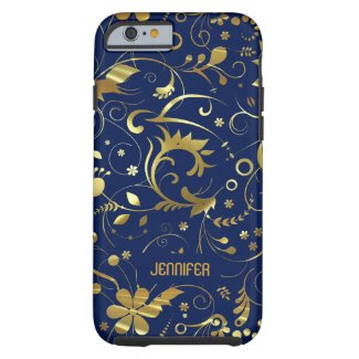 Navy Blue And Gold Floral Fabric Pattern Tough iPhone 6 Case