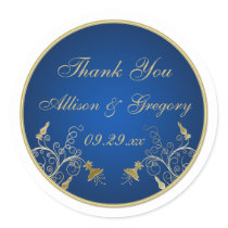 Navy Blue and Gold Floral Wedding Favor Sticker