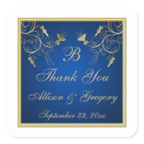 Navy Blue and Gold Floral Wedding Favor Sticker