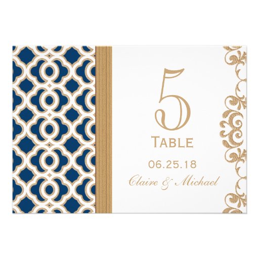 Navy Blue and Gold Moroccan Wedding Table Number Custom Announcements