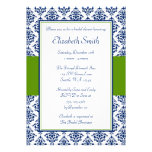 Navy Blue and Green Damask Bridal Shower Custom Invite