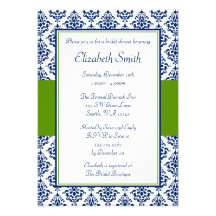 Navy Blue and Green Damask Bridal Shower Custom Invite