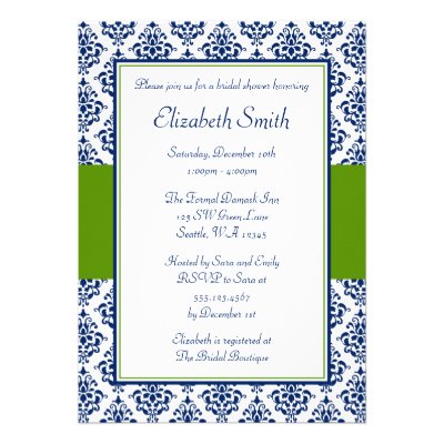 Navy Blue and Green Damask Bridal Shower Custom Invite