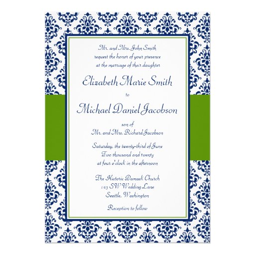 Navy Blue and Green Damask Wedding Invitations