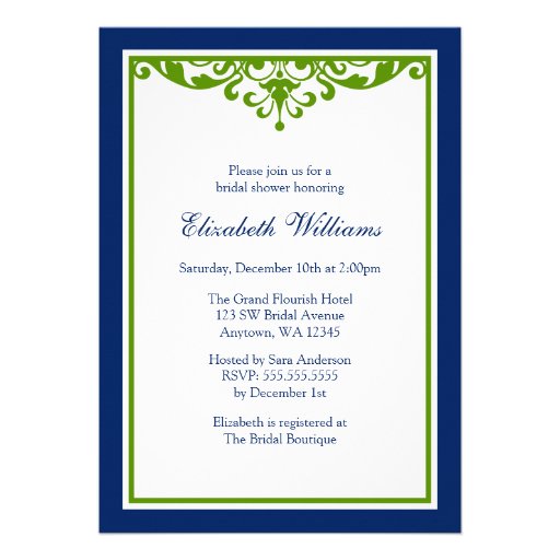 Navy Blue and Green Flourish Bridal Shower Custom Announcement