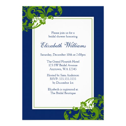 Navy Blue and Green Flourish Swirls Bridal Shower Custom Invite
