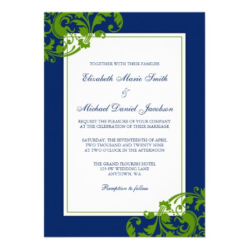 Navy Blue and Green Flourish Swirls Wedding Custom Invitation