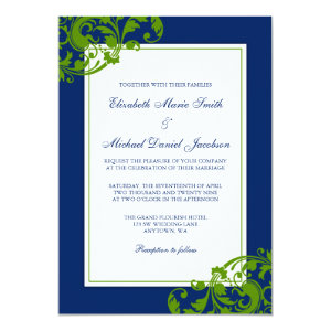 Navy Blue and Green Flourish Swirls Wedding 5x7 Paper Invitation Card