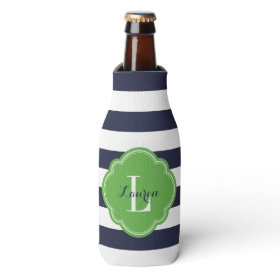 Navy Blue and Green Preppy Stripes Monogram Bottle Cooler