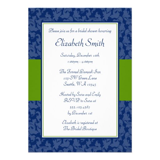 Navy Blue and Green Swirl Damask Bridal Shower Custom Announcements