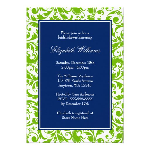 Navy Blue and Green Swirls Damask Bridal Shower Announcements