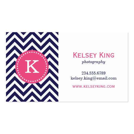 Navy Blue and Hot Pink Chevron Custom Monogram Business Card (front side)