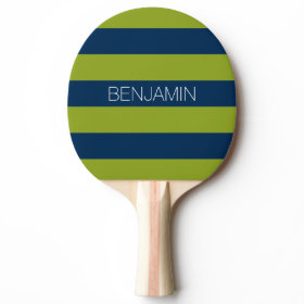 Navy Blue and Lime Green Rugby Stripes Custom Name Ping Pong Paddle