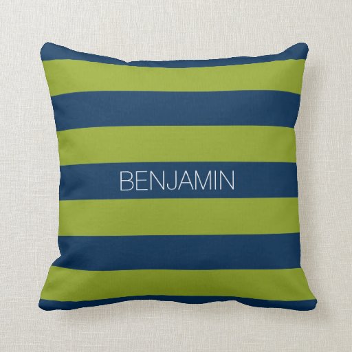 Navy Blue and Lime Green Rugby Stripes Custom Name Throw Pillow Zazzle