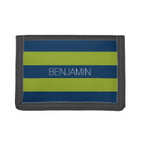 Navy Blue and Lime Green Rugby Stripes Custom Name Trifold Wallet