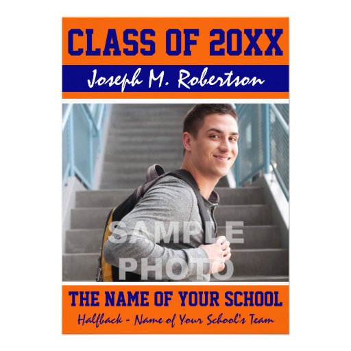 Navy Blue and Orange Team Graduation Sports Event Custom Invites