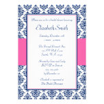 Navy Blue and Pink Damask Bridal Shower Invitations