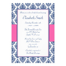 Navy Blue and Pink Damask Bridal Shower Invitations