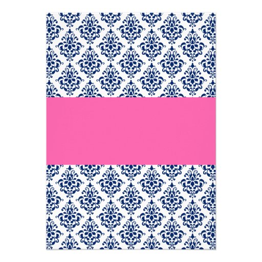 Navy Blue and Pink Damask Bridal Shower Invitations