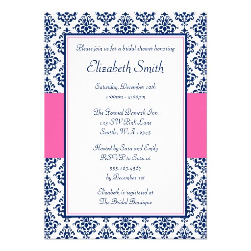 Navy Blue and Pink Damask Bridal Shower Invitations