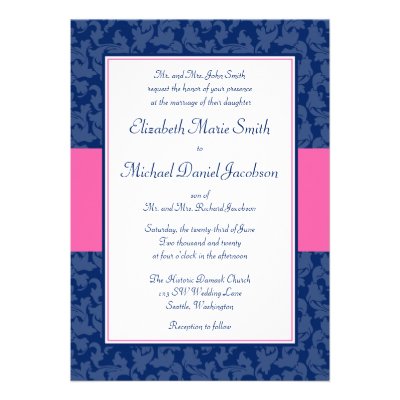 Navy Blue and Pink Damask Swirl Wedding Invitation