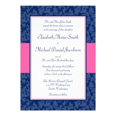 Navy Blue and Pink Damask Swirl Wedding Invitation