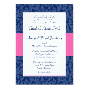 Navy Blue and Pink Damask Swirl Wedding Invitation 5