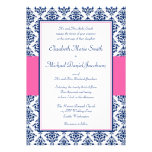 Navy Blue and Pink Damask Wedding Invitations