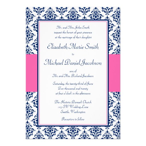 Navy Blue and Pink Damask Wedding Invitations