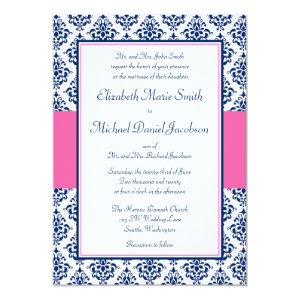 Navy Blue and Pink Damask Wedding Invitations 5