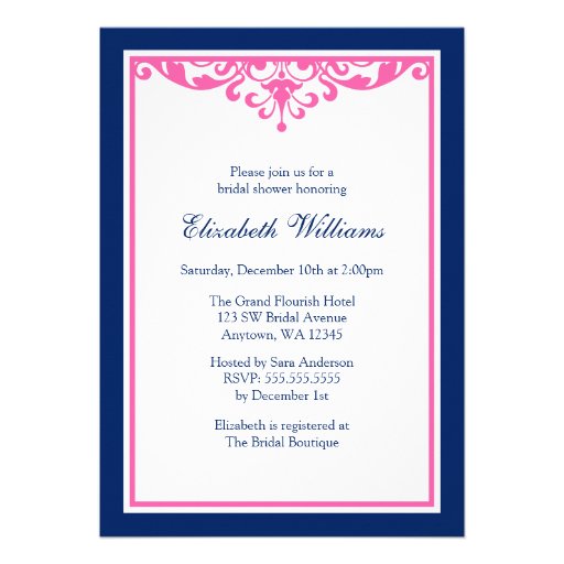 Navy Blue and Pink Flourish Bridal Shower Announcements