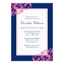 Navy Blue and Pink Flourish Swirls Bridal Shower Personalized Invites