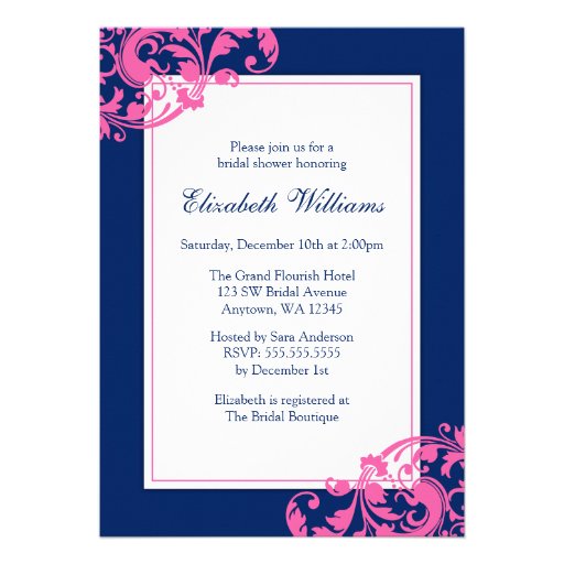 Navy Blue and Pink Flourish Swirls Bridal Shower Personalized Invites