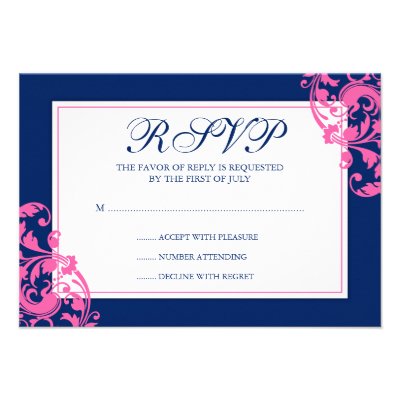 Navy Blue and Pink Flourish Swirls Response Card Personalized Announcements