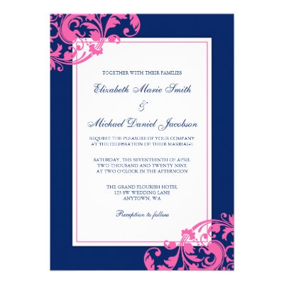 Navy Blue and Pink Flourish Swirls Wedding Personalized Invite