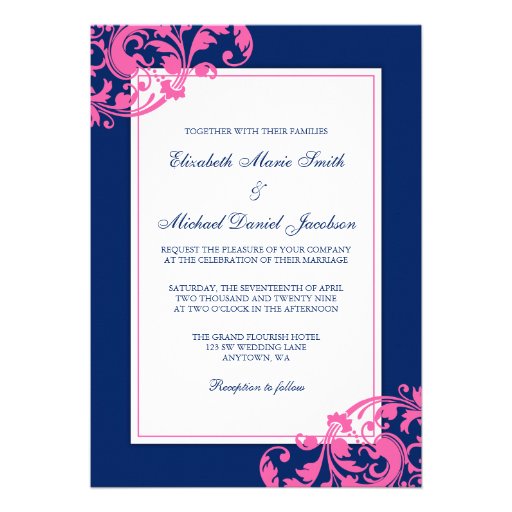 Navy Blue and Pink Flourish Swirls Wedding Personalized Invite