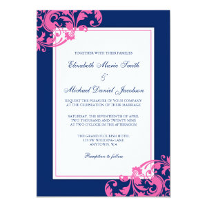 Navy Blue and Pink Flourish Swirls Wedding 5x7 Paper Invitation Card