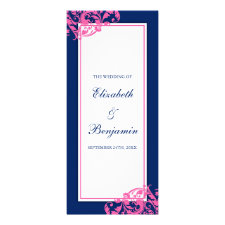 Navy Blue and Pink Flourish Swirls Wedding Program Custom Rack Cards